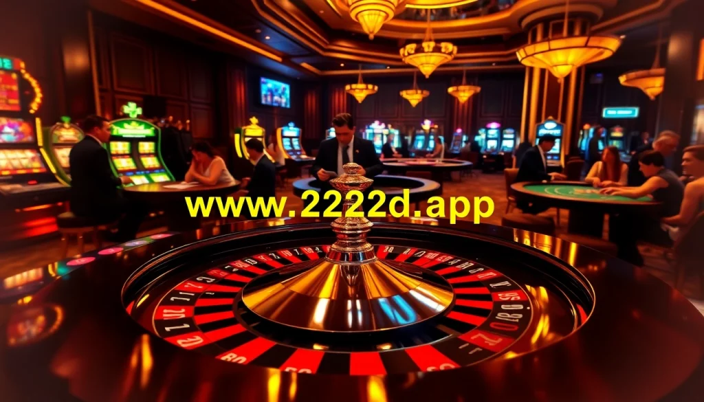 Experience the thrill of gambling at https://www.222bd.app/, featuring a vibrant casino scene with roulette tables and excited players.