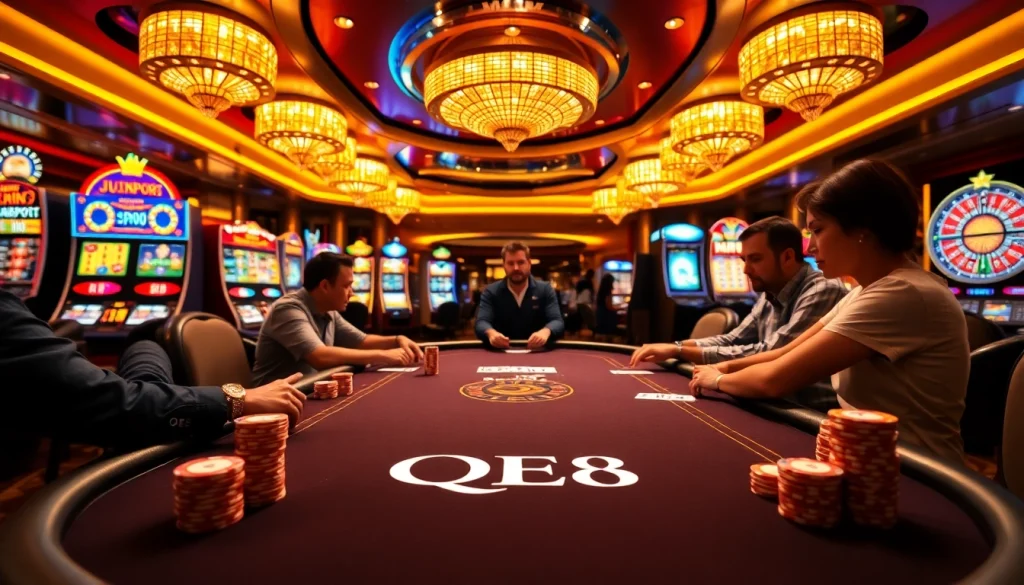 QE8 poker table surrounded by players, exuding a thrilling casino atmosphere.