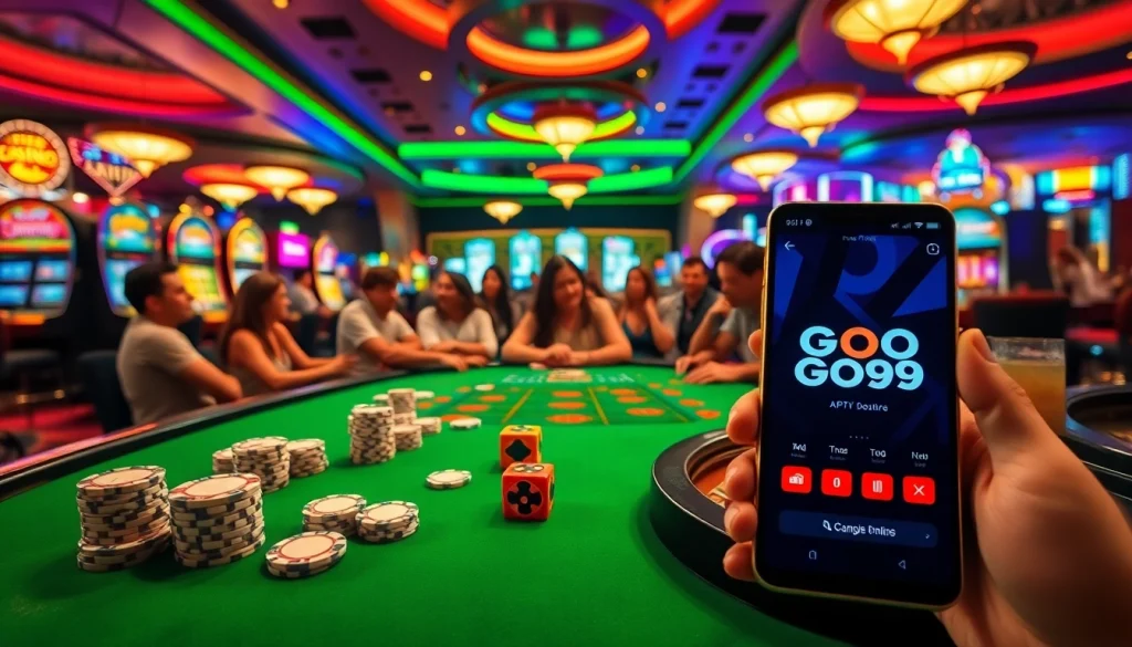 Experience the thrill of Go99 with vibrant casino gaming, featuring poker chips and roulette wheels.