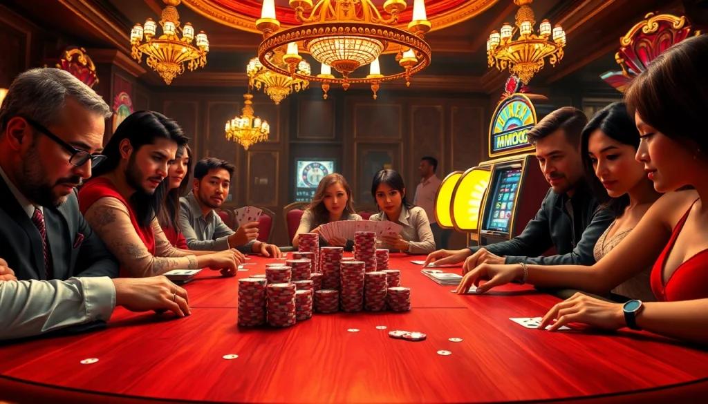 Intensely engaged players at a poker table in a casino, showcasing the excitement of MMOO gambling.
